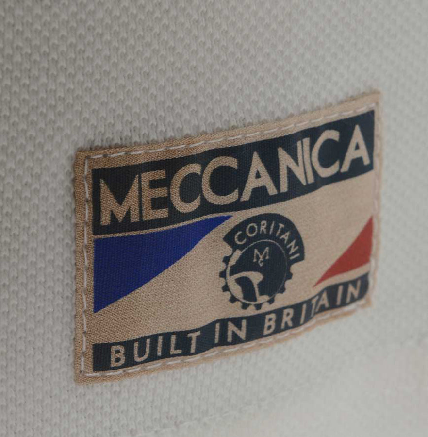 Meccanica clothing white polo built in Britain label on front lower right