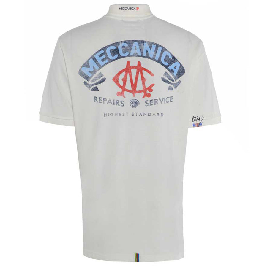 Meccanica Clothing white polo Pit Lane full back screen print