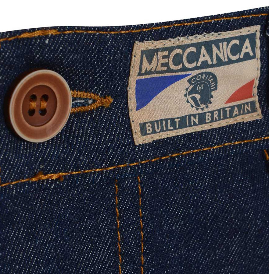 Meccanica raw denim blue straight leg jeans button and Built In Britain detail