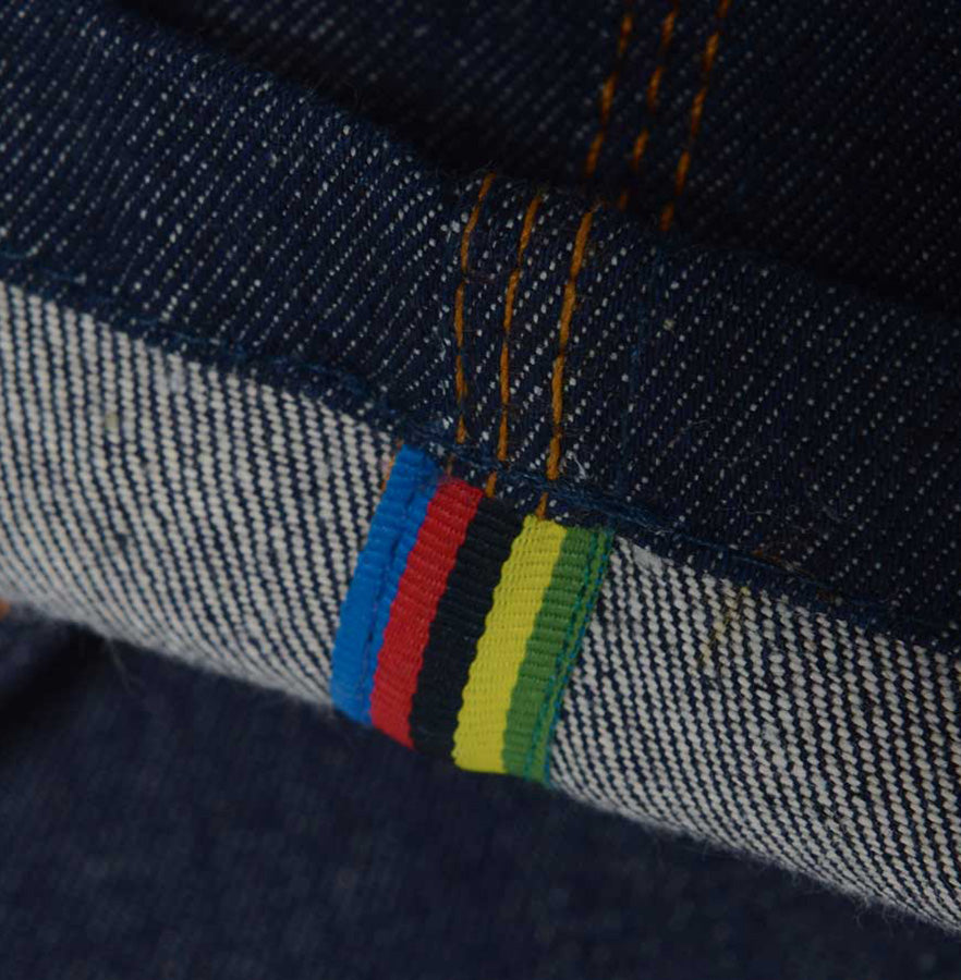 Meccanica raw denim blue straight leg jeans World Champion leg liner detail