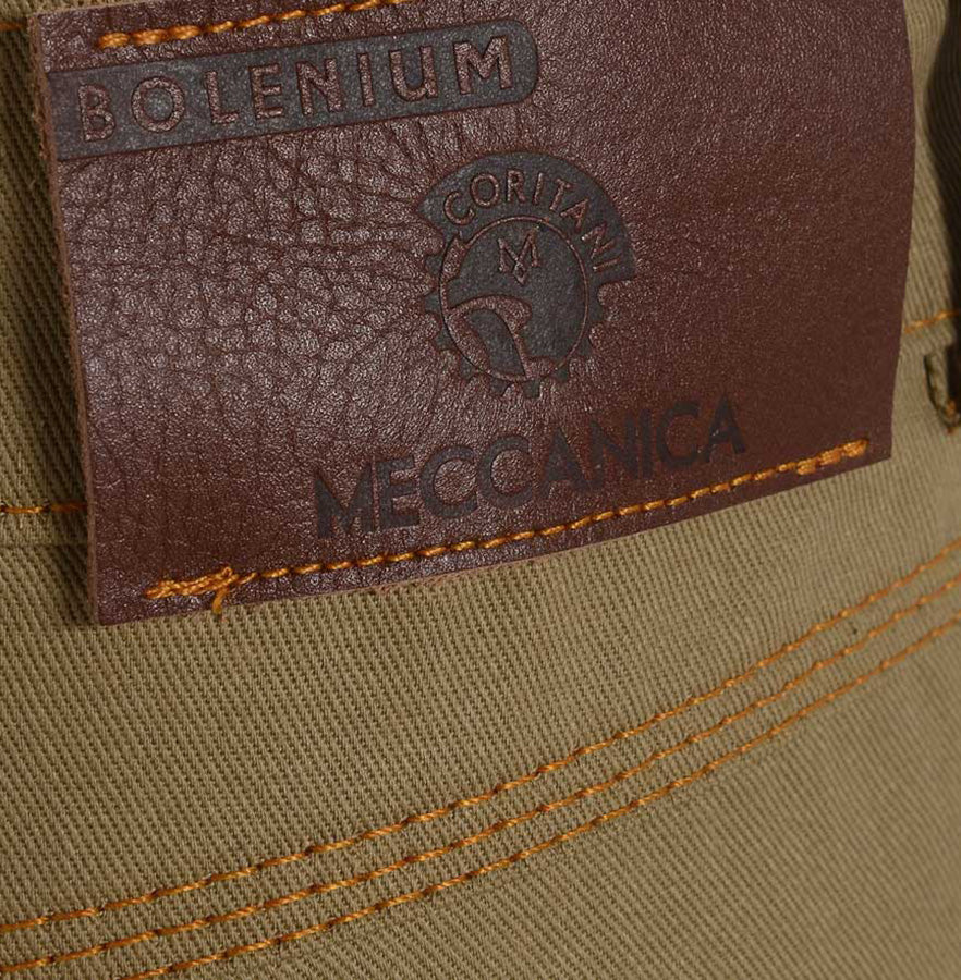Bolenium badge on British made beige narrow leg chino jeans - triple stitched