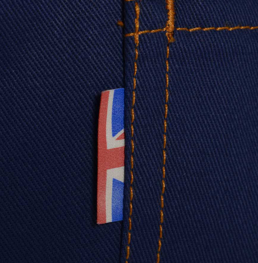 Union Flag detail Cotton British made blue narrow leg chino jeans - triple stitched