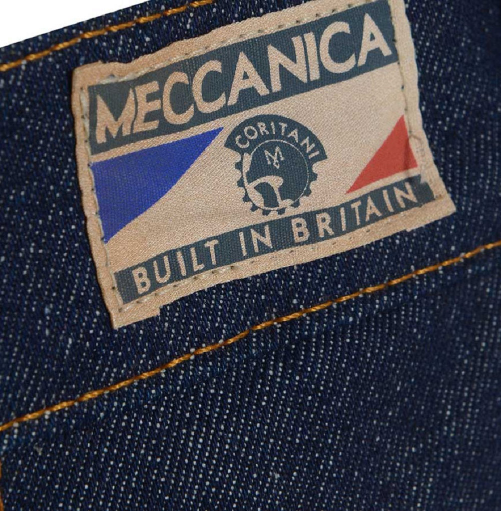 Meccanica hand made in UK triple stitched jeans raw denim narrow leg belt label