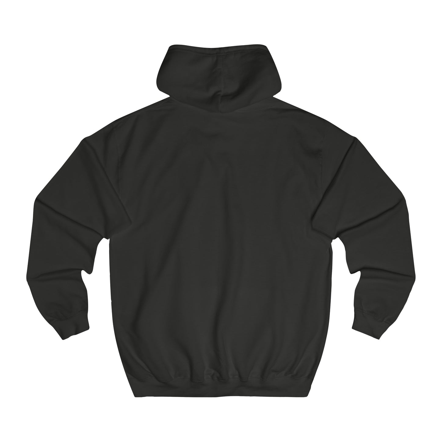 Back view of Meccanica Full zip British hoodie in black with Meccanica Badge logo hidden iPhone cord opening in front pocket
