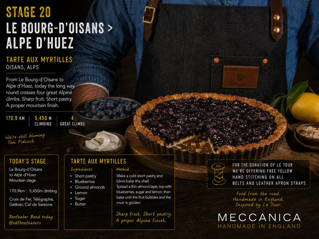 Meccanica follows Tour de France Stage 20 from Le Bourg-d’Oisans to Alpe d’Huez with tarte aux myrtilles, Alpine refuge food and handmade English craftsmanship.
