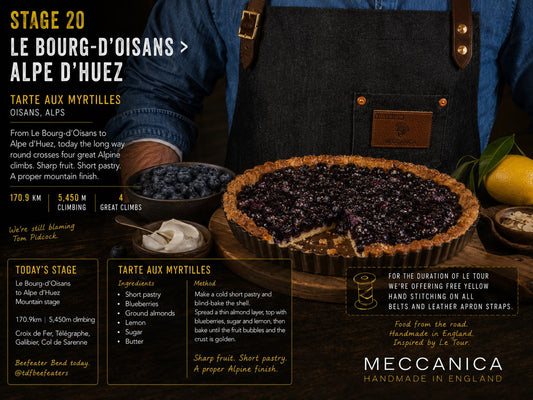 Meccanica follows Tour de France Stage 20 from Le Bourg-d’Oisans to Alpe d’Huez with tarte aux myrtilles, Alpine refuge food and handmade English craftsmanship.