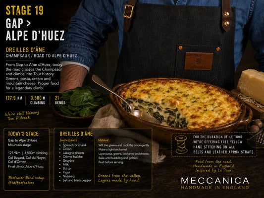 Meccanica follows Tour de France Stage 19 from Gap to Alpe d’Huez with traditional oreilles d’âne, Alpine food, Beefeater Bend and handmade English craftsmanship.