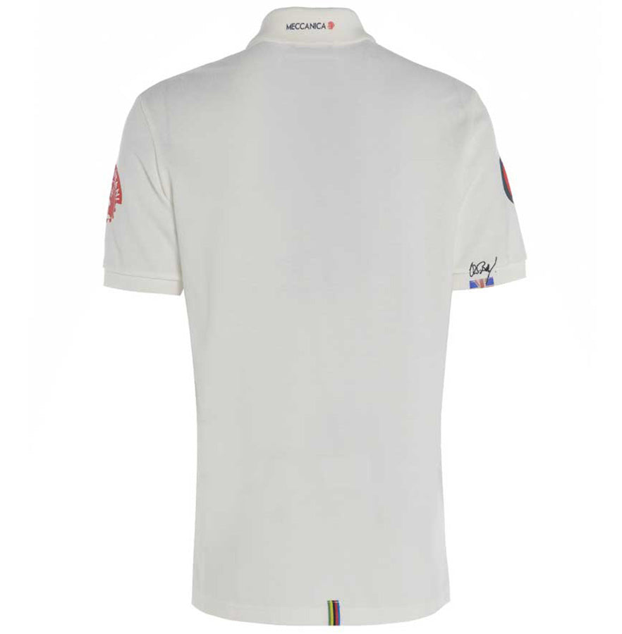 Men’s British-made white cotton piqué polo shirt with Meccanica Pit Lane motif and vintage cycling-inspired styling rear view