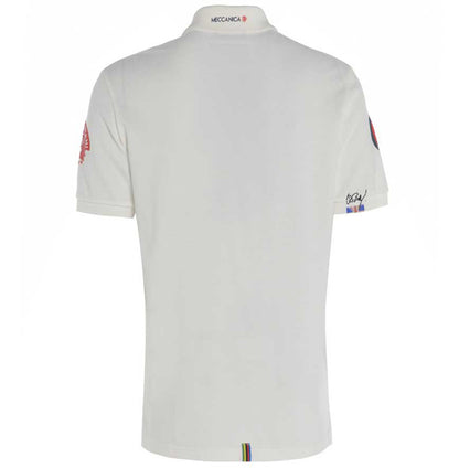 Men’s British-made white cotton piqué polo shirt with Meccanica Pit Lane motif and vintage cycling-inspired styling rear view
