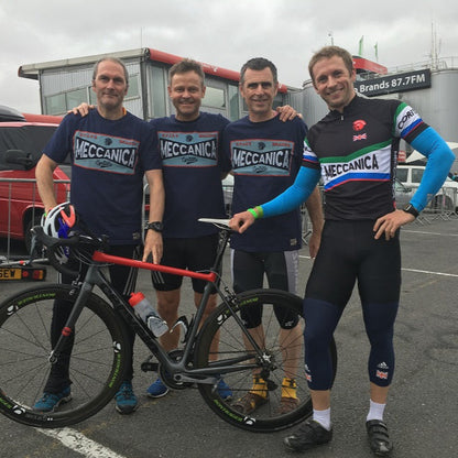 Jason Kenny with Men’s British-made navy cotton Toolbox graphic T-shirt by Meccanica with vintage racing and workshop screen print.