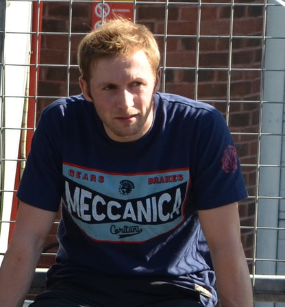 Men’s British-made navy cotton Toolbox graphic T-shirt by Meccanica with vintage racing and workshop screen print. worn by jason kenny