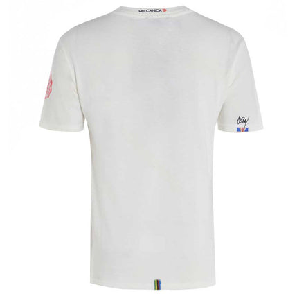 Men’s British-made white cotton Enjoy graphic T-shirt by Meccanica with vintage racing-style screen print. Rear view