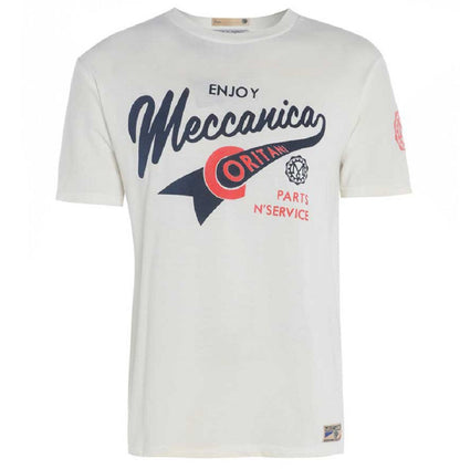 Men’s British-made white cotton Enjoy graphic T-shirt by Meccanica with vintage racing-style screen print.