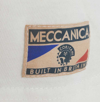 Men’s British-made white cotton Enjoy graphic T-shirt by Meccanica with vintage racing-style screen print with front label