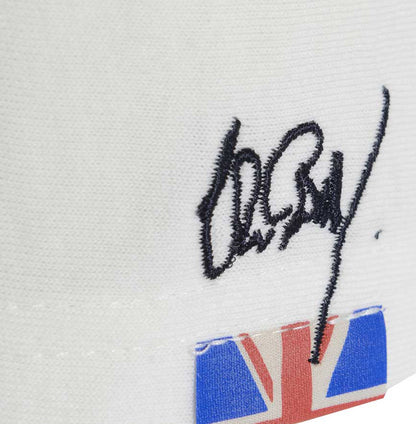 Men’s British-made white cotton Enjoy graphic T-shirt by Meccanica with vintage racing-style screen print with Union Jack badging.