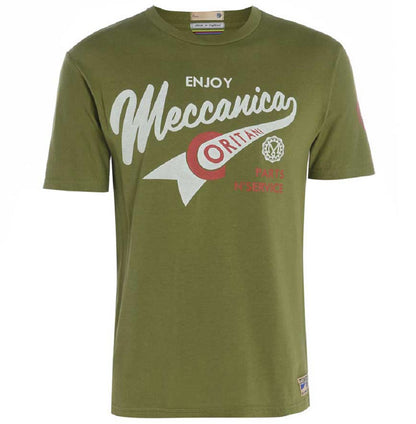 Men’s British-made olive cotton Enjoy graphic T-shirt by Meccanica with retro racing-inspired screen print.