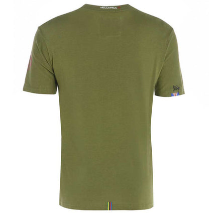 Men’s British-made olive cotton Enjoy graphic T-shirt by Meccanica with retro racing-inspired screen print. Rear view