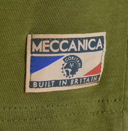 Men’s British-made olive cotton Enjoy graphic T-shirt by Meccanica with retro racing-inspired screen print label detail