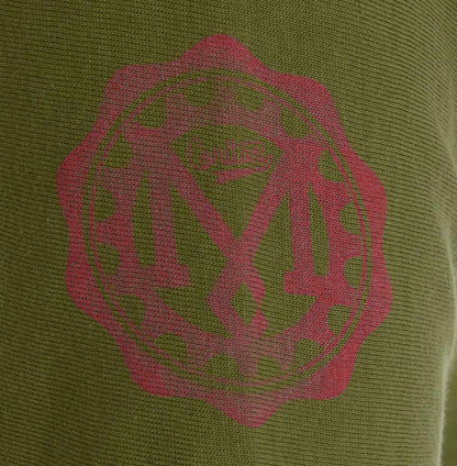 Men’s British-made olive cotton Enjoy graphic T-shirt by Meccanica with retro racing-inspired screen print. Cog detail