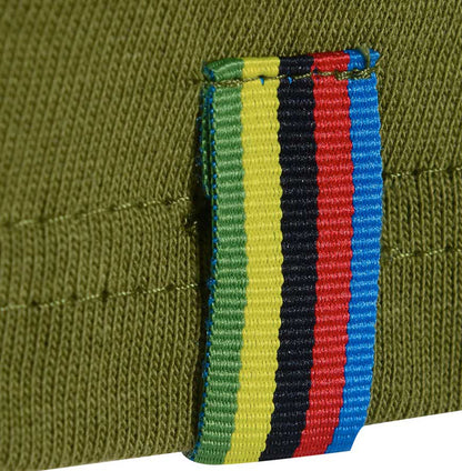 Men’s British-made olive cotton Enjoy graphic T-shirt by Meccanica with retro racing-inspired screen print. World chapion tape detail.