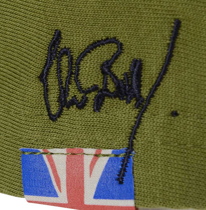 Men’s British-made olive cotton Enjoy graphic T-shirt by Meccanica with retro racing-inspired screen print. Union Jack detail