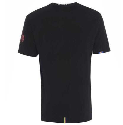 Men’s British-made black cotton Enjoy graphic T-shirt by Meccanica with vintage racing-inspired screen print. Rear view