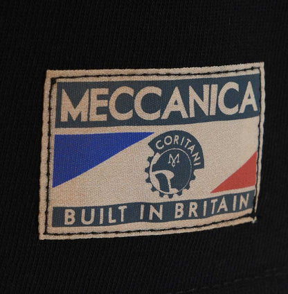 Men’s British-made black cotton Enjoy graphic T-shirt by Meccanica with vintage racing-inspired screen print and labels