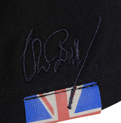 Men’s British-made black cotton Enjoy graphic T-shirt by Meccanica with vintage racing-inspired screen print with Union Jack label.