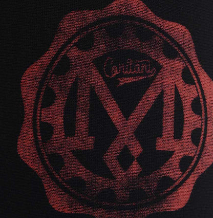 Men’s British-made black cotton Enjoy graphic T-shirt by Meccanica with vintage racing-inspired screen print cog detail.