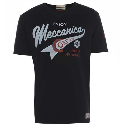Men’s British-made black cotton Enjoy graphic T-shirt by Meccanica with vintage racing-inspired screen print.