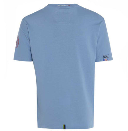 Men’s British-made sky blue cotton Toolbox graphic T-shirt by Meccanica with retro racing-inspired screen print. rear view
