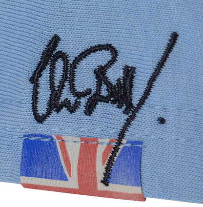 Men’s British-made sky blue cotton Toolbox graphic T-shirt by Meccanica with retro racing-inspired screen print. union fag detail