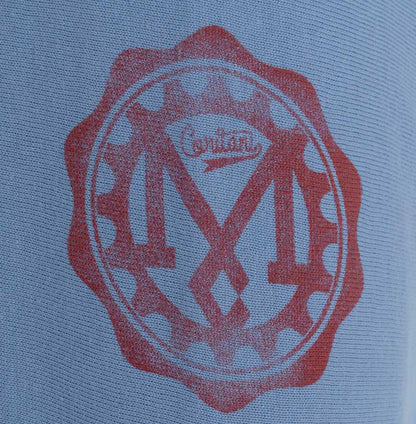 Men’s British-made sky blue cotton Toolbox graphic T-shirt by Meccanica with retro racing-inspired screen print. cog detail