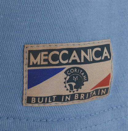 Men’s British-made sky blue cotton Toolbox graphic T-shirt by Meccanica with retro racing-inspired screen print. badge detail