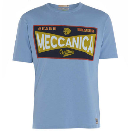 Men’s British-made sky blue cotton Toolbox graphic T-shirt by Meccanica with retro racing-inspired screen print. front