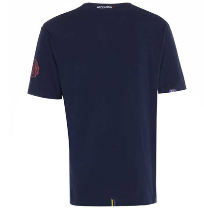Men’s British-made navy cotton Toolbox graphic T-shirt by Meccanica with vintage racing and workshop screen print. Rear vew