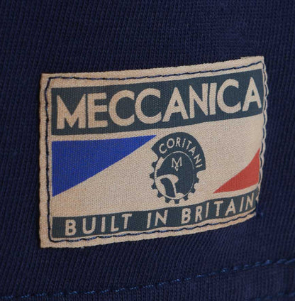 Men’s British-made navy cotton Toolbox graphic T-shirt badge by Meccanica with vintage racing and workshop screen print.