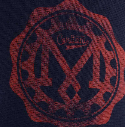 Men’s British-made navy cotton Toolbox with cog graphic T-shirt by Meccanica with vintage racing and workshop screen print.