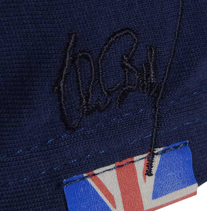 Men’s British-made navy cotton Toolbox graphic T-shirt union jack badge by Meccanica with vintage racing and workshop screen print.