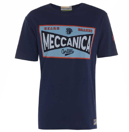 Men’s British-made navy cotton Toolbox graphic T-shirt by Meccanica with vintage racing and workshop screen print.