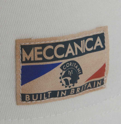 Men’s British-made white ecru cotton Toolbox graphic T-shirt by Meccanica with vintage motorsport-inspired labeling.