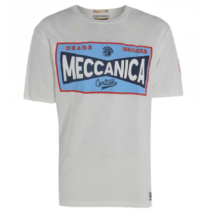 Men’s British-made white ecru cotton Toolbox graphic T-shirt by Meccanica with vintage motorsport-inspired screen print.