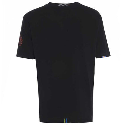 Men’s British-made black cotton Toolbox graphic T-shirt by Meccanica with vintage motorsport workshop print. Back