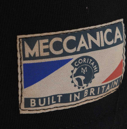 Men’s British-made black cotton Toolbox graphic T-shirt with front label by Meccanica with vintage motorsport workshop print. 