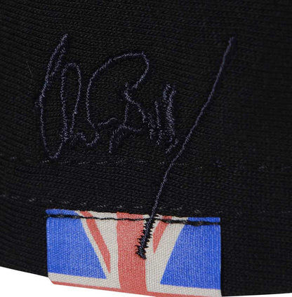 Men’s British-made black cotton Toolbox graphic T-shirt with Union Flag label by Meccanica with vintage motorsport workshop print. 