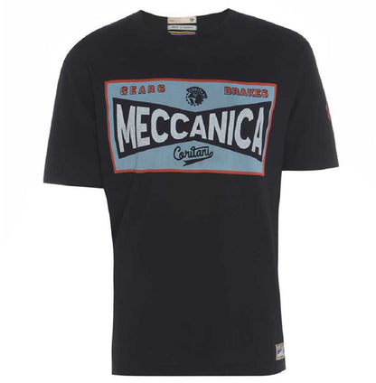 Men’s British-made black cotton Toolbox graphic T-shirt by Meccanica with vintage motorsport workshop print.