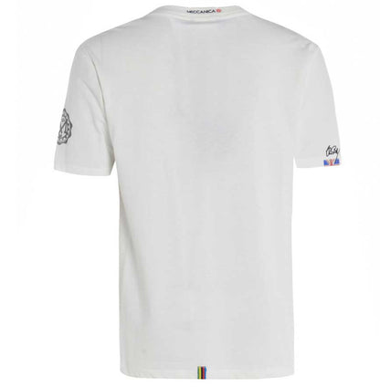 Men’s British-made white cotton Parts graphic T-shirt by Meccanica with vintage workshop-inspired screen print. Rear view