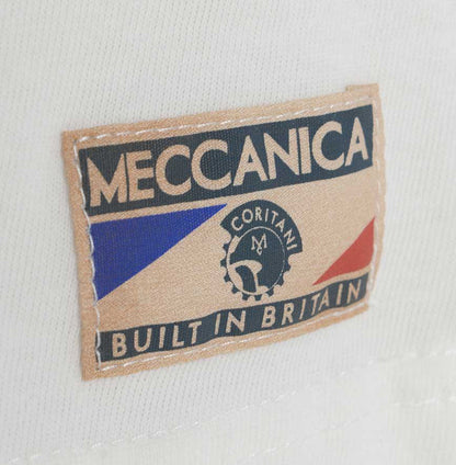 Men’s British-made white cotton Parts graphic T-shirt by Meccanica with vintage workshop-inspired screen print. Label detail