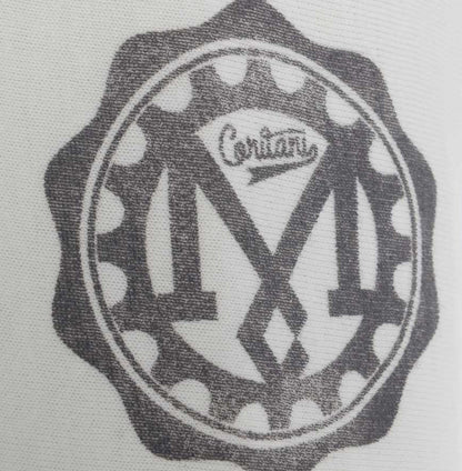 Men’s British-made white cotton Parts graphic T-shirt by Meccanica with vintage workshop-inspired screen print. Cog print detail.
