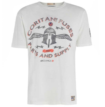 Men’s British-made white cotton Parts graphic T-shirt by Meccanica with vintage workshop-inspired screen print.